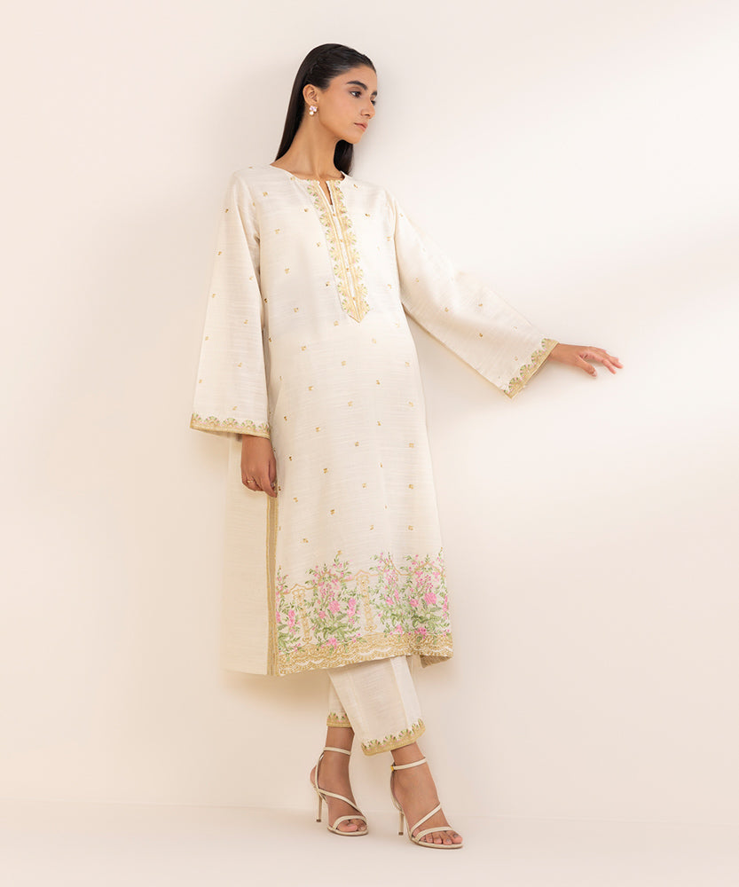 Women's Pret Light Beige Embroidered Khaddar Shirt