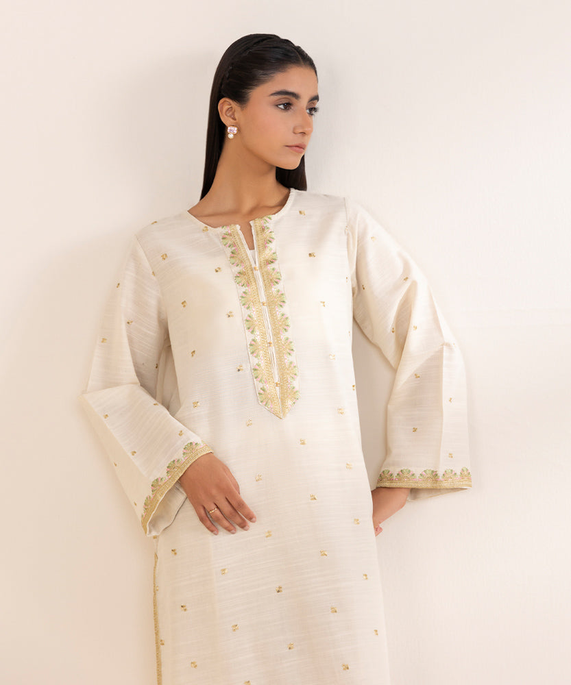 Women's Pret Light Beige Embroidered Khaddar Shirt