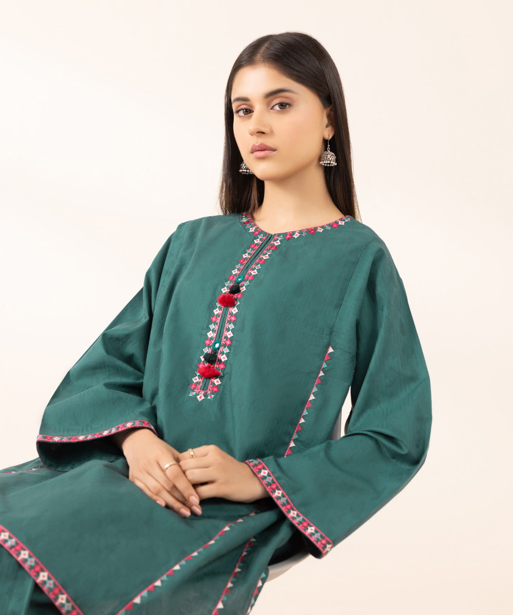 Women's Pret Cotton Jacquard Solid Embroidered Green A-Line Shirt