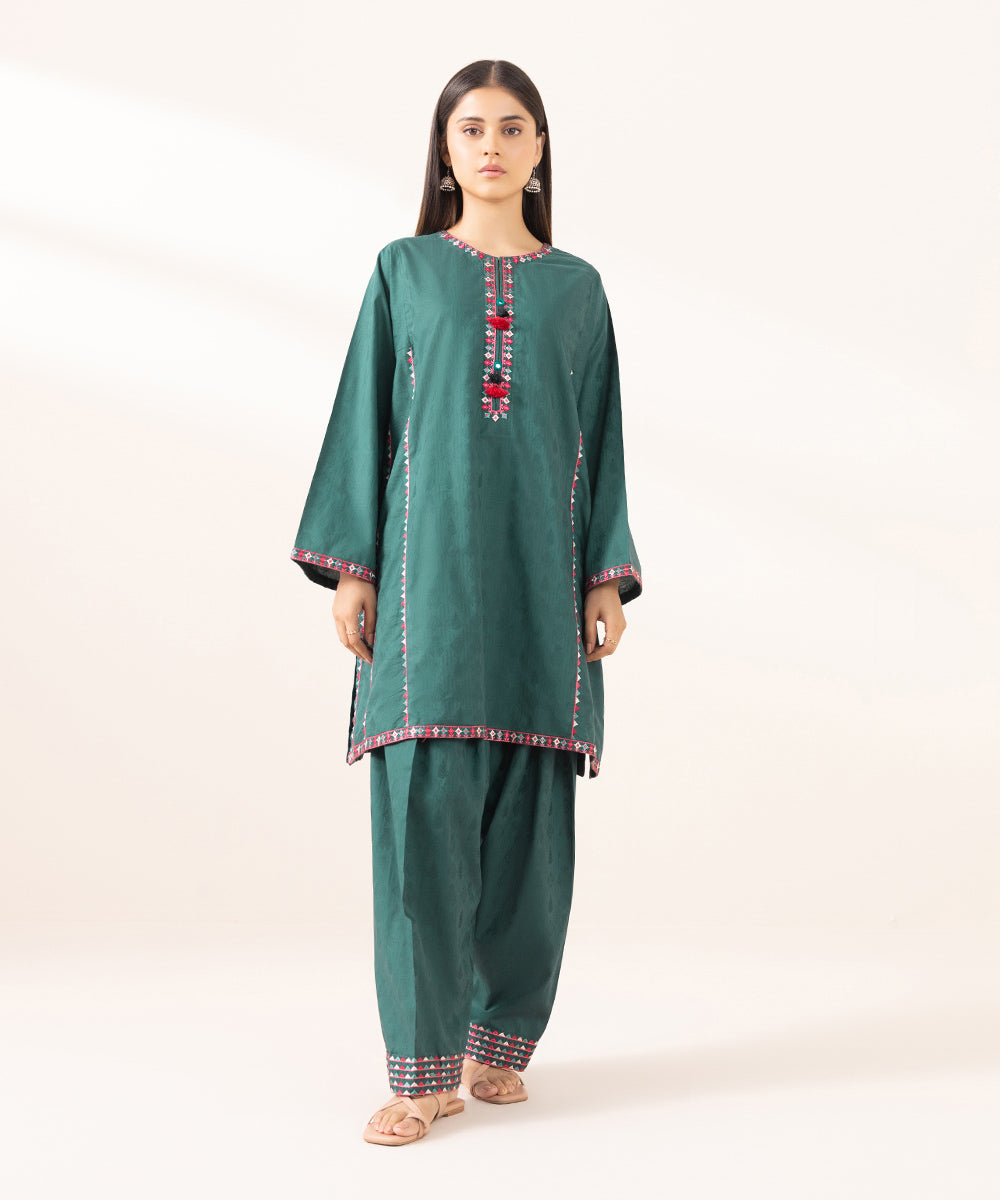 Women's Pret Cotton Jacquard Solid Embroidered Green A-Line Shirt