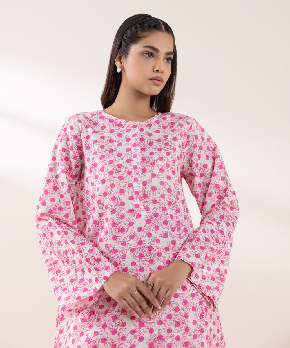 Women's Pret Khaddar Printed Pink on White A-Line Shirt