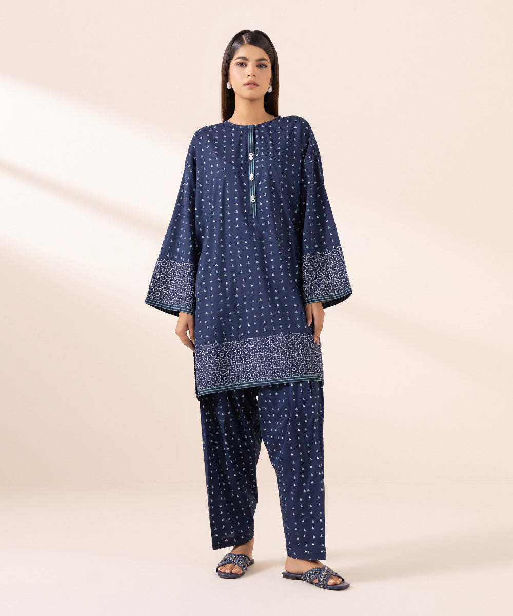 Women's Pret Cotton Viscose Blue Printed Boxy Shirt