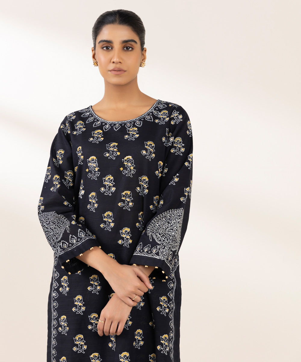 Women's Pret Khaddar Printed Black A-Line Shirt