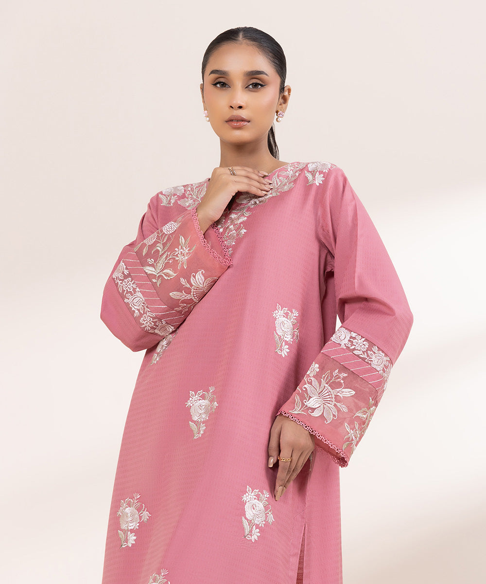 Women's Pret Dobby Pink Embroidered A-Line Shirt