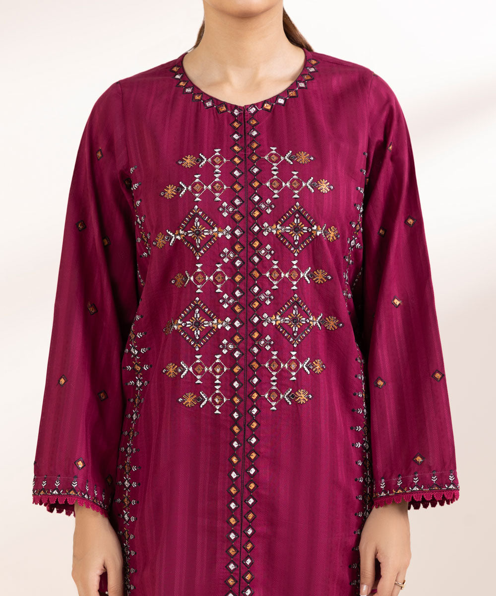 Women's Pret Dobby Red Embroidered A-Line Shirt