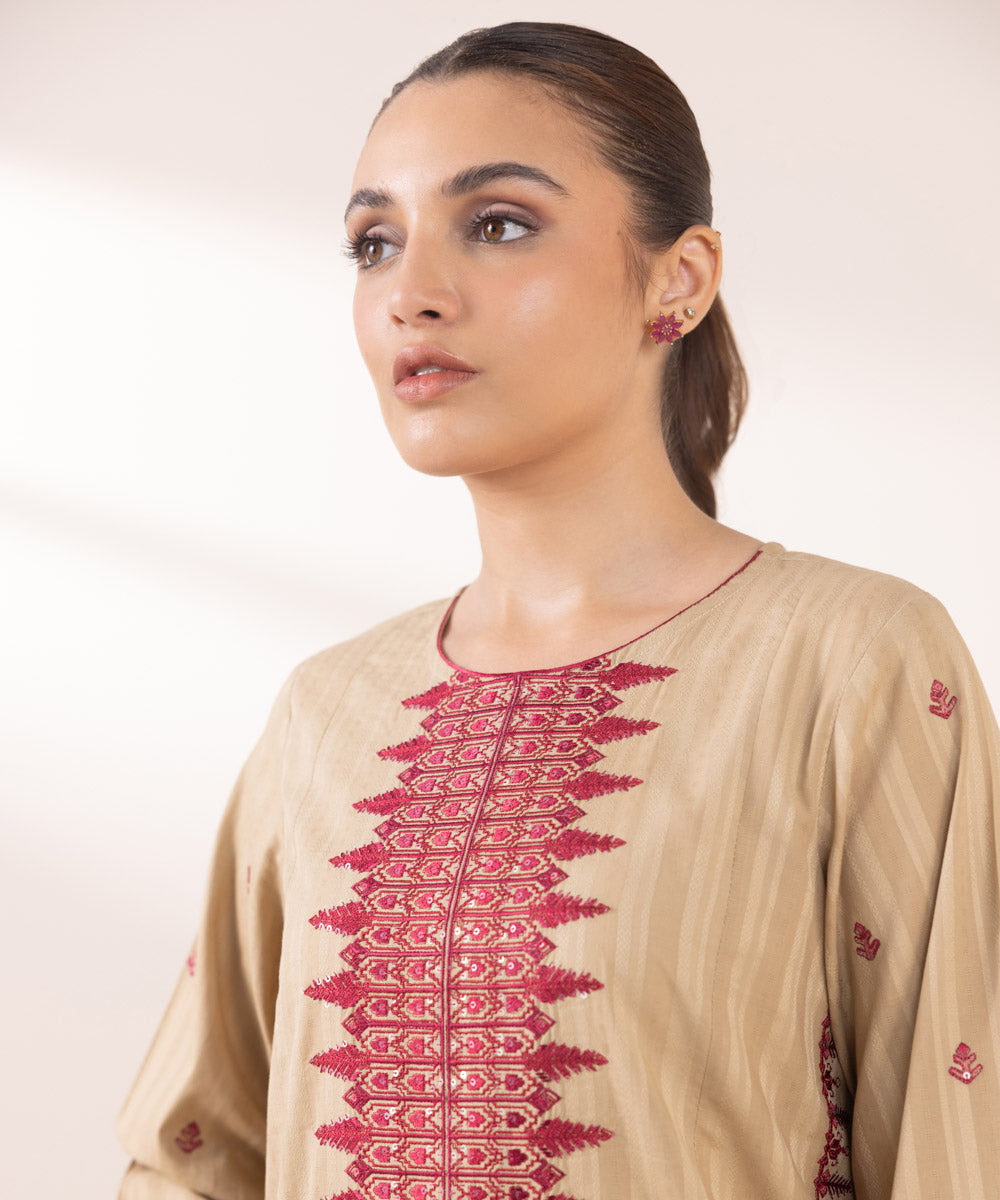 Women's Pret Dobby Beige Embroidered A-Line Shirt