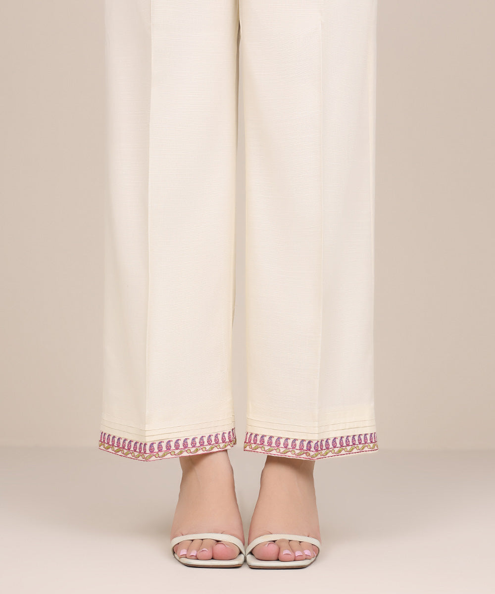 Women's Pret Dull Raw Silk Off White Embroidered Straight Pants