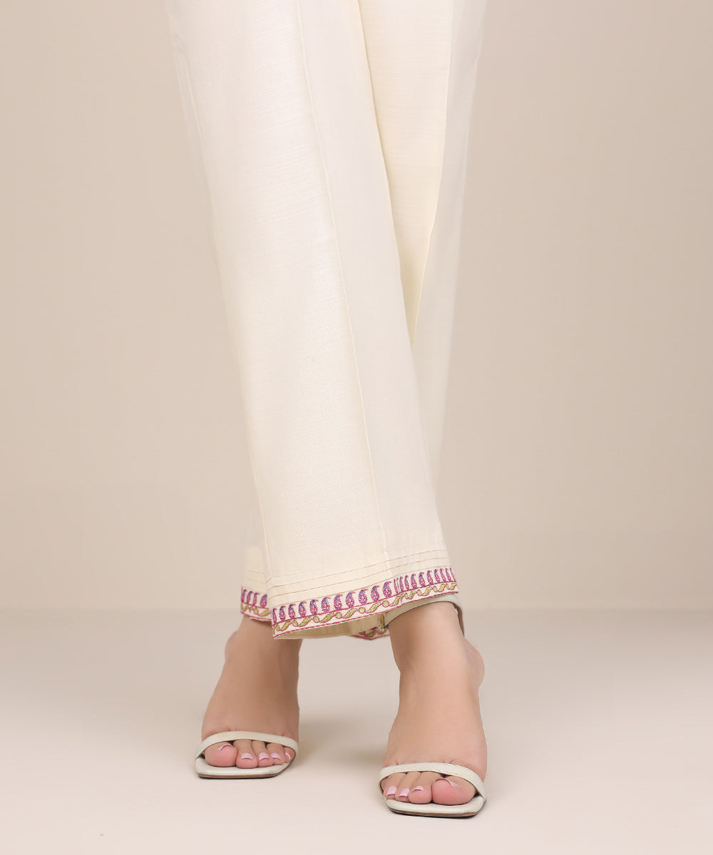 Women's Pret Dull Raw Silk Off White Embroidered Straight Pants