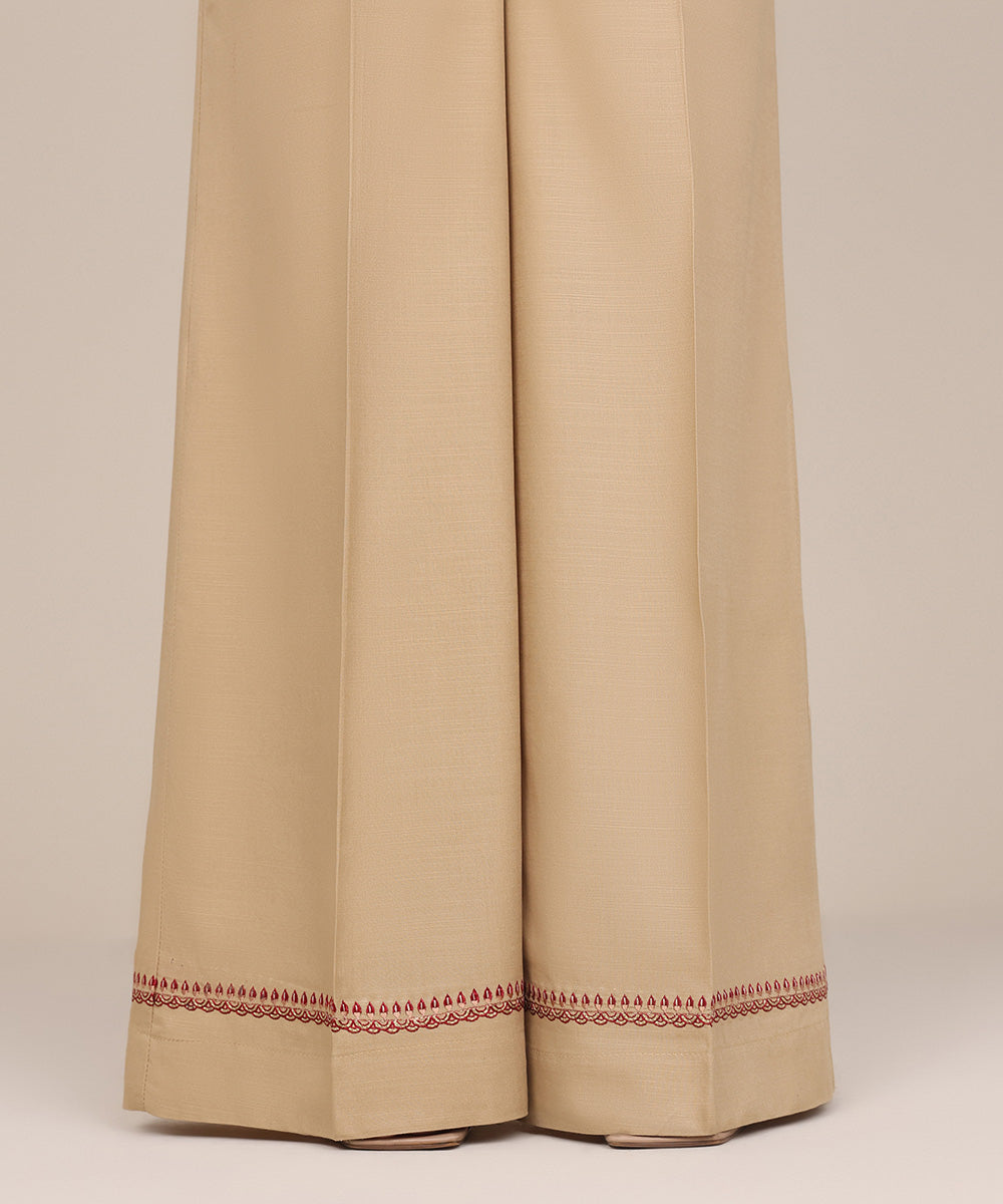 Women's Pret Dull Raw Silk Beige Embroidered Flared Pants