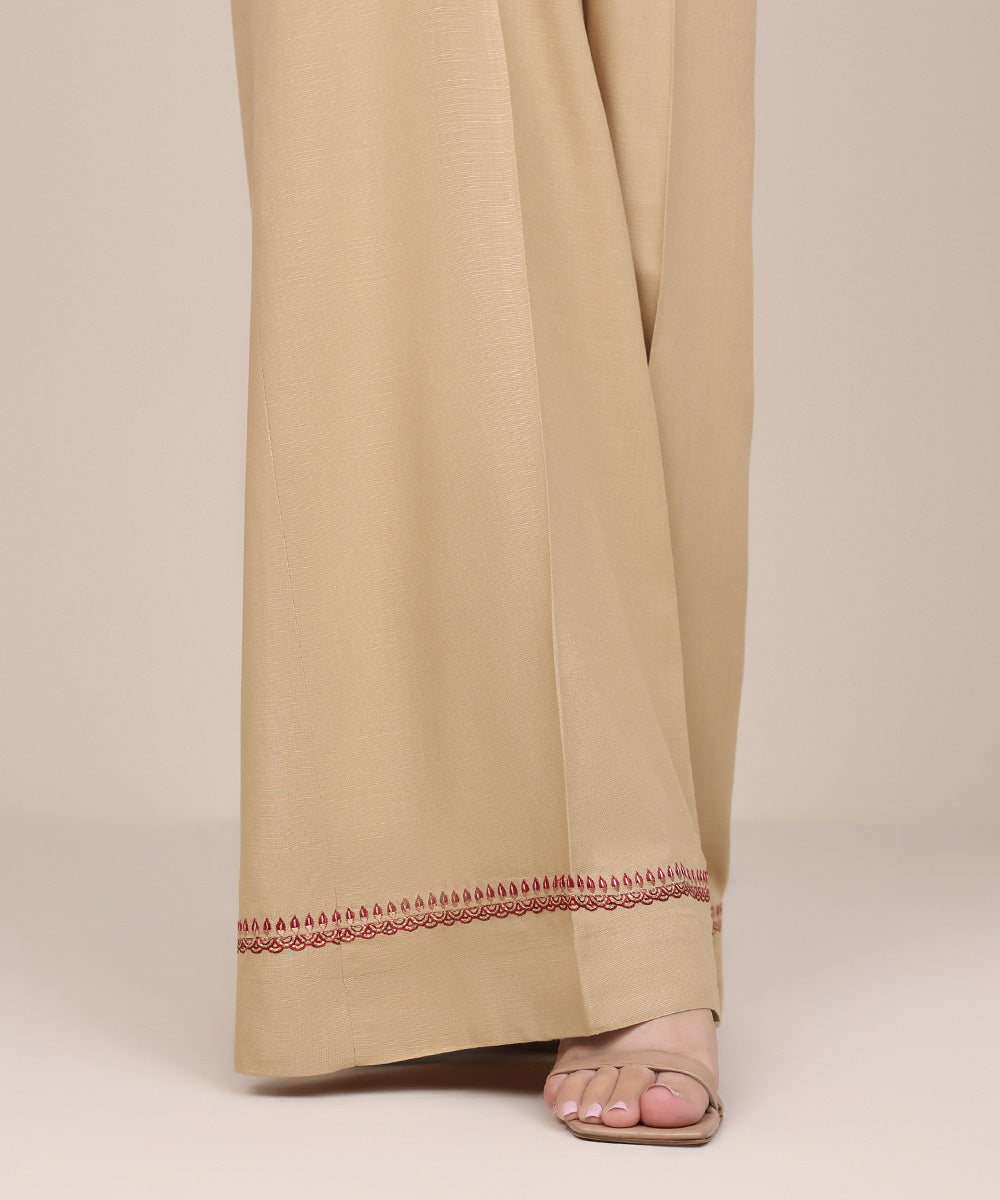 Women's Pret Dull Raw Silk Beige Embroidered Flared Pants