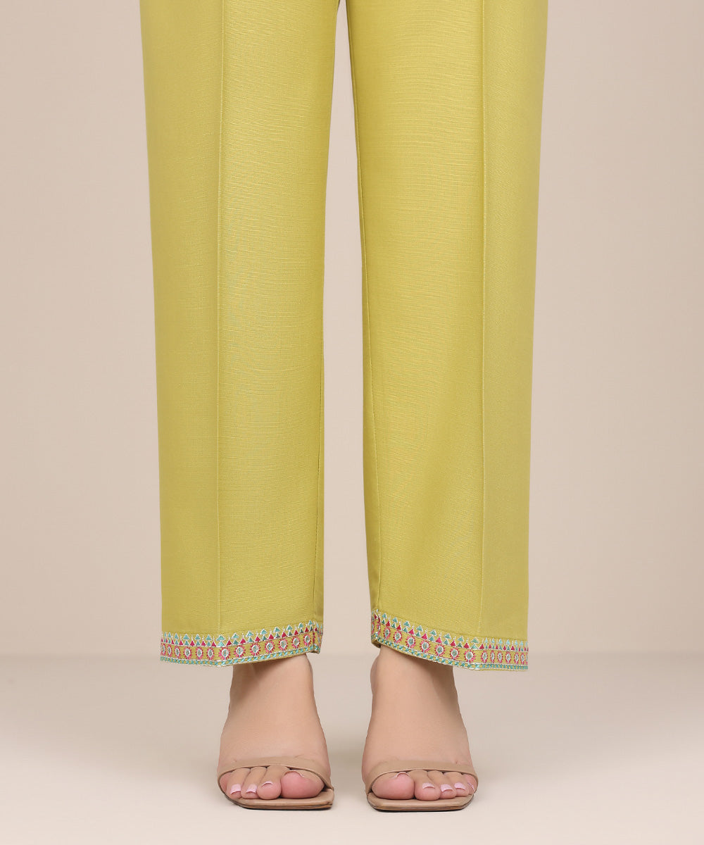 Women's Pret Dull Raw Silk Yellow Embroidered Straight Pants