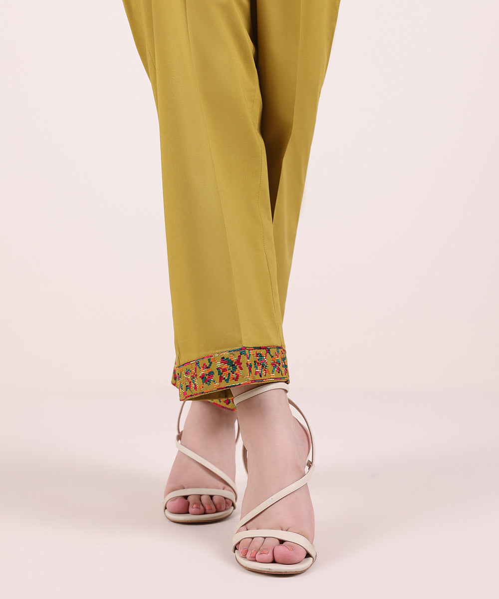 Women's Pret Cambric Embroidered Olive Yellow Straight Pants