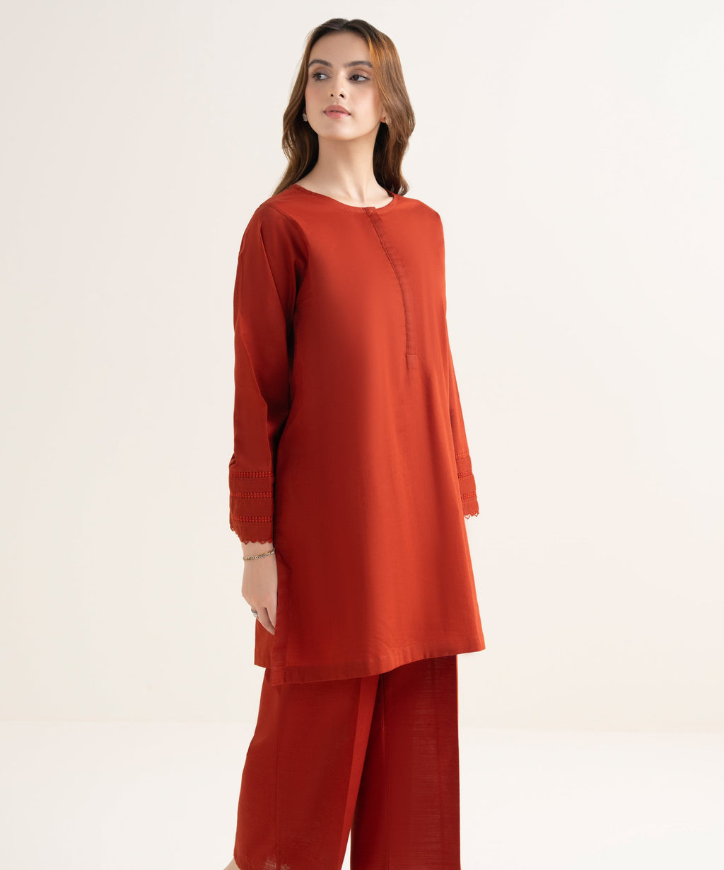 Women's RTW Textured Cotton Solid Boxy Orange Shirt