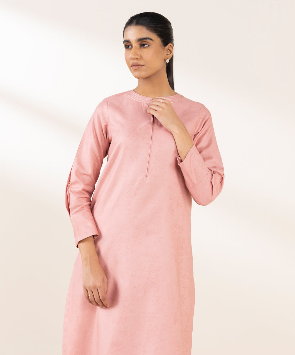 Women's Pret Cotton Jacquard Solid Pink A-Line Shirt