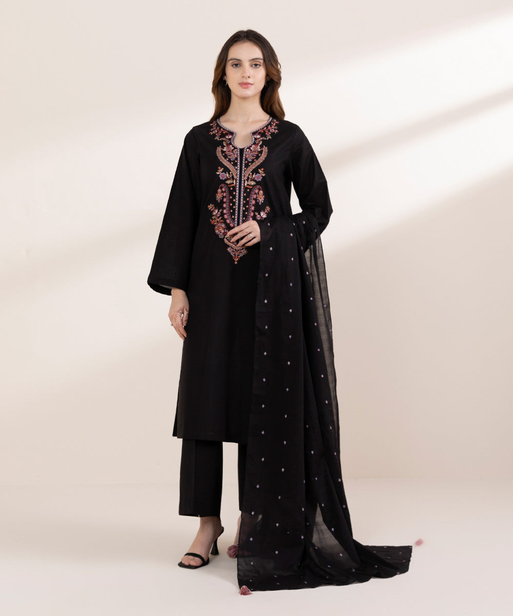 Textured Voile Black Embroidered Dupatta