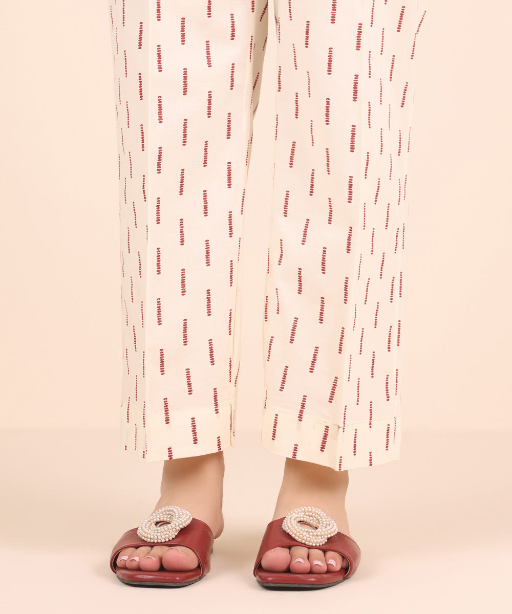 Women's RTW Cambric Off White Printed Straight Pants