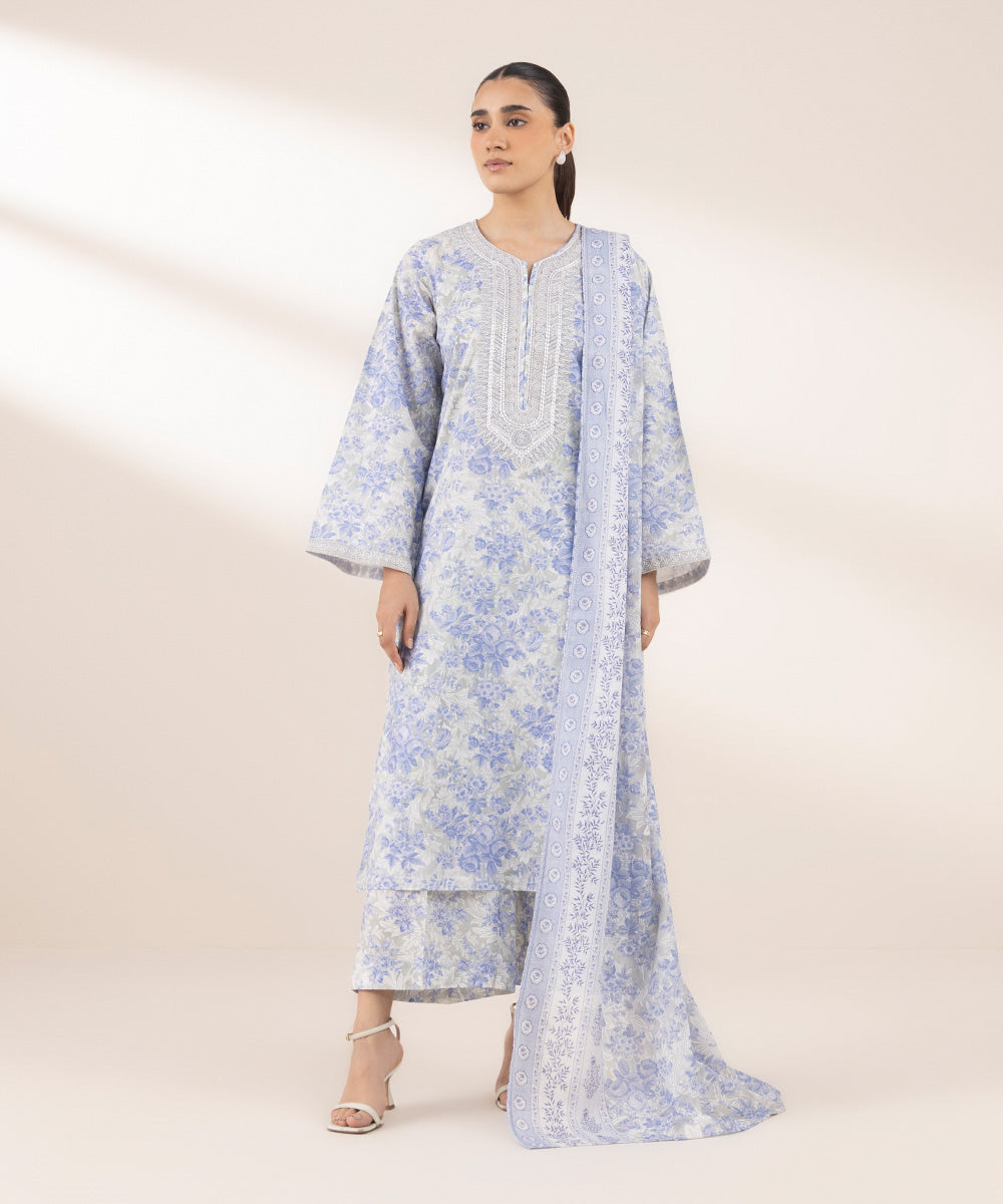 Textured Voile Blue Printed Dupatta
