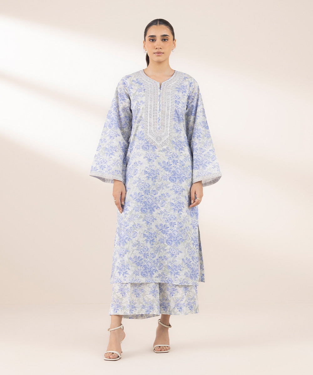 Women's RTW Lawn Blue Embroidered A-Line Shirt