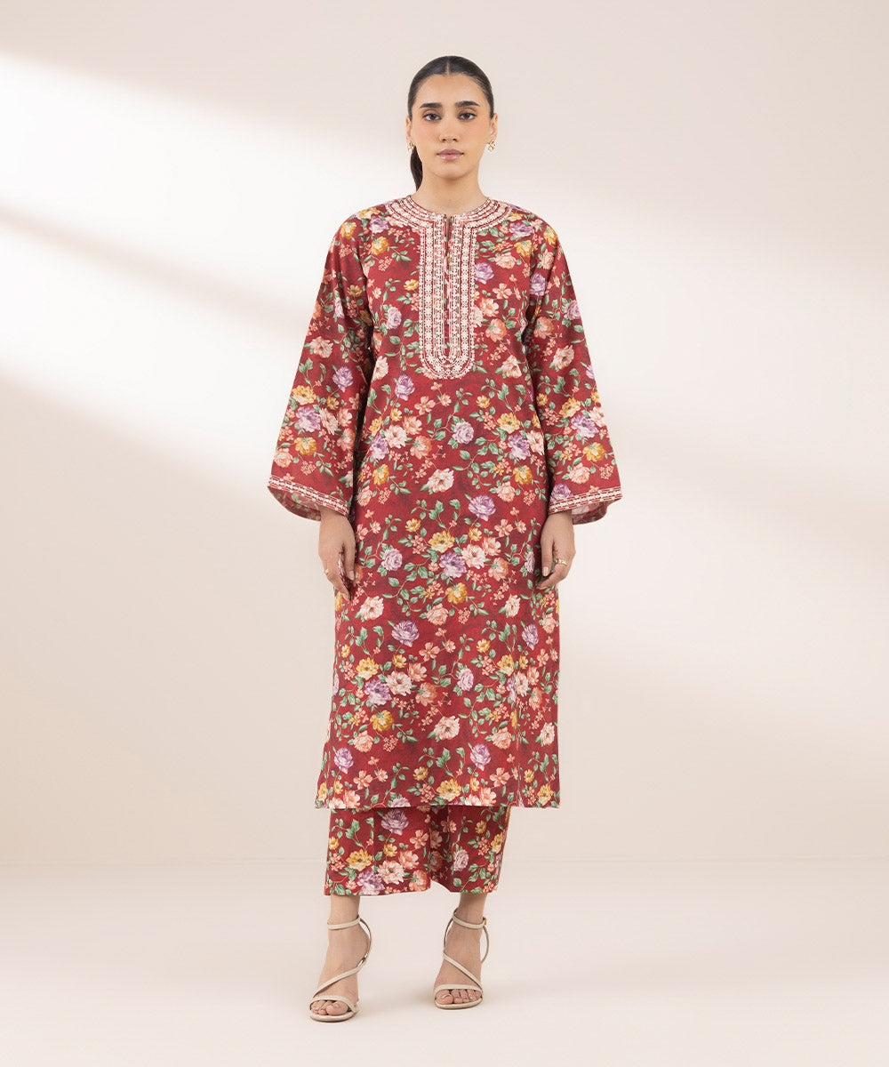 Women's RTW Lawn Red Embroidered A-Line Shirt