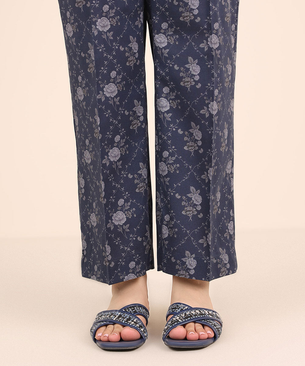 Women's RTW Cambric Blue Printed Straight Pants