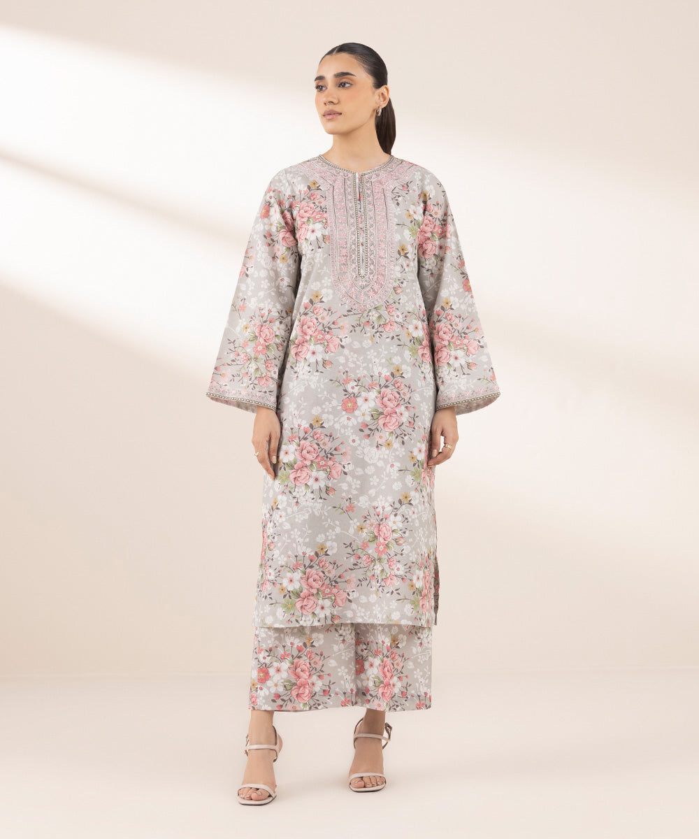Women's RTW Lawn Grey Embroidered A-Line Shirt