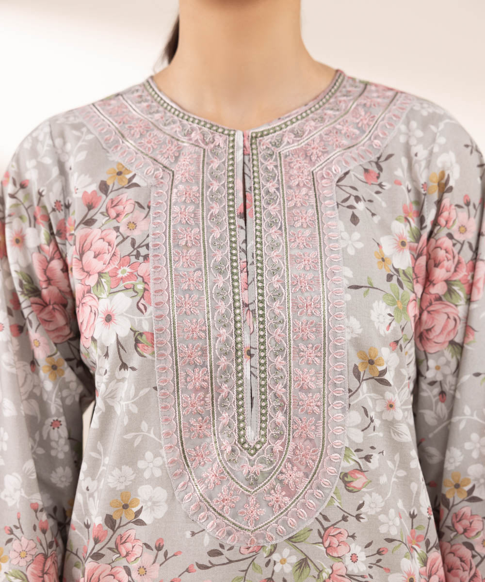 Women's RTW Lawn Grey Embroidered A-Line Shirt