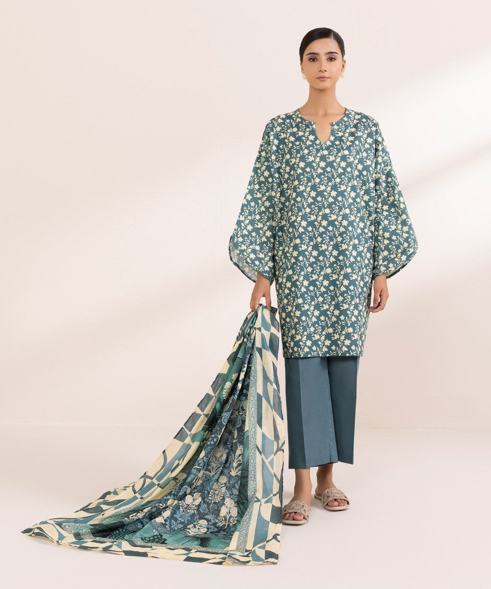 Women's Textured Voile Blue Printed Dupatta