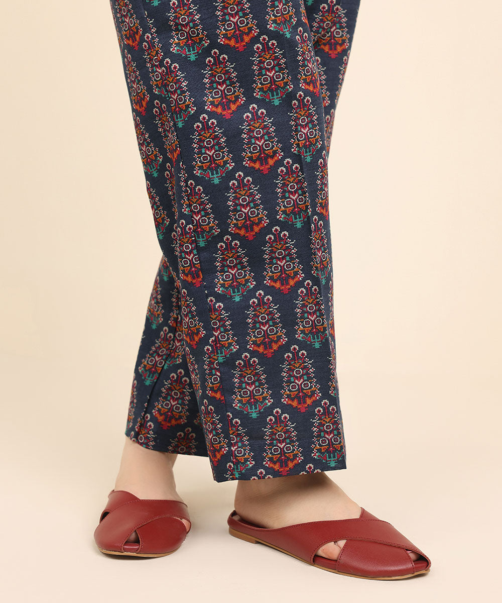 Women's Pret Khaddar Blue Printed Straight Pants