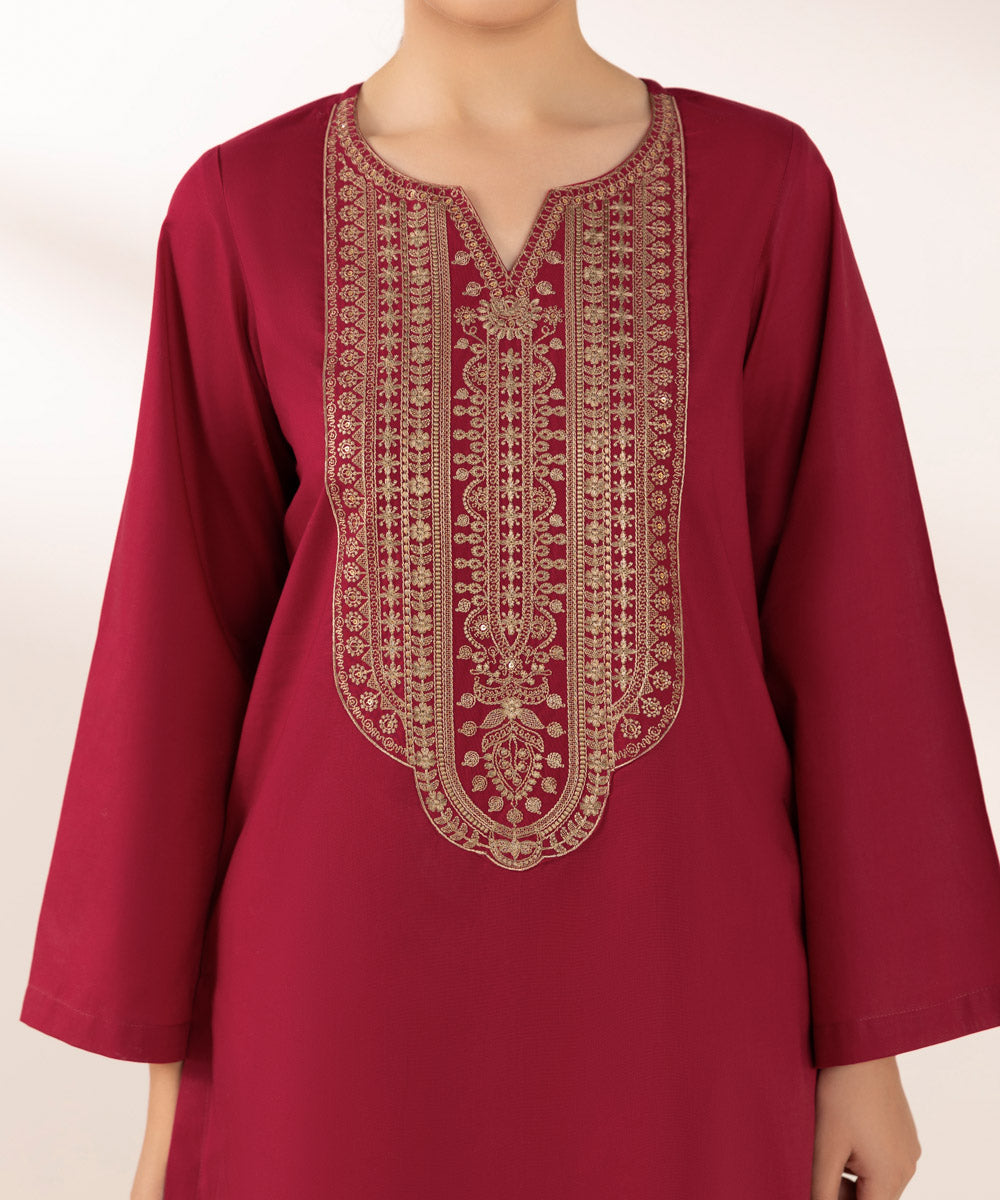 Women's Pret Cambric Embroidered Red A-Line Shirt