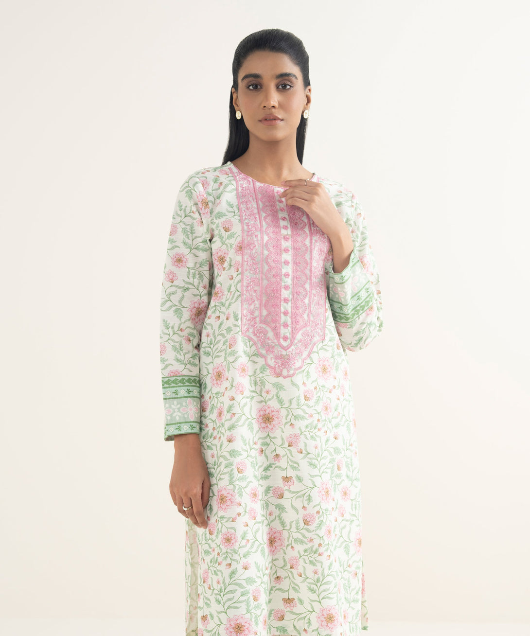 Women's RTW Light Khaddar Embroidered Off White Straight Shirt
