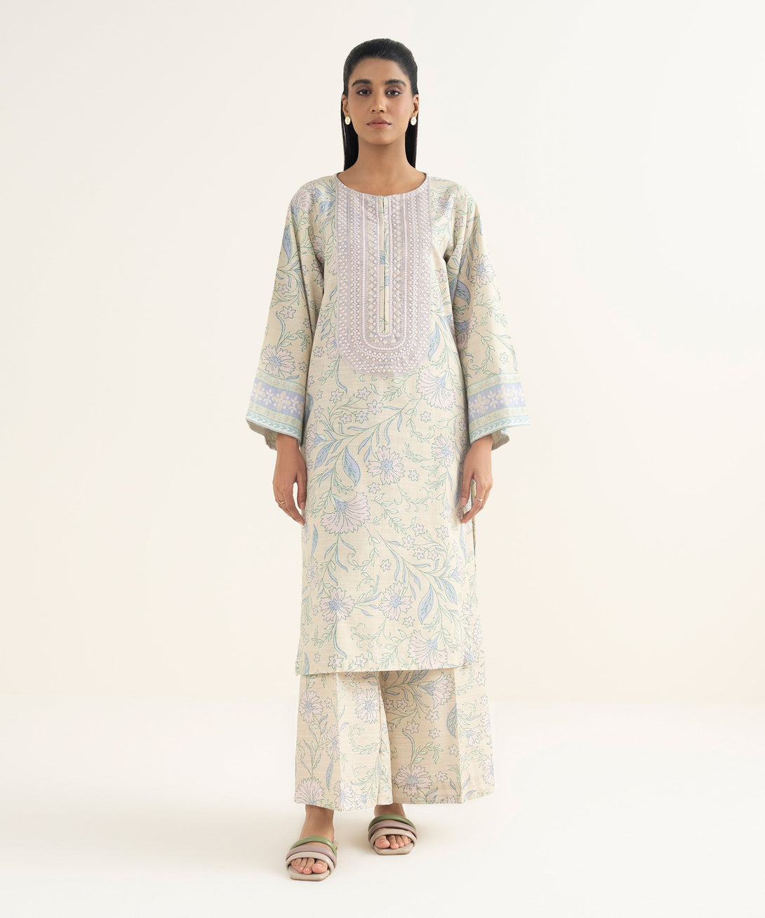 Women's RTW Light Khaddar Embroidered Beige Straight Shirt