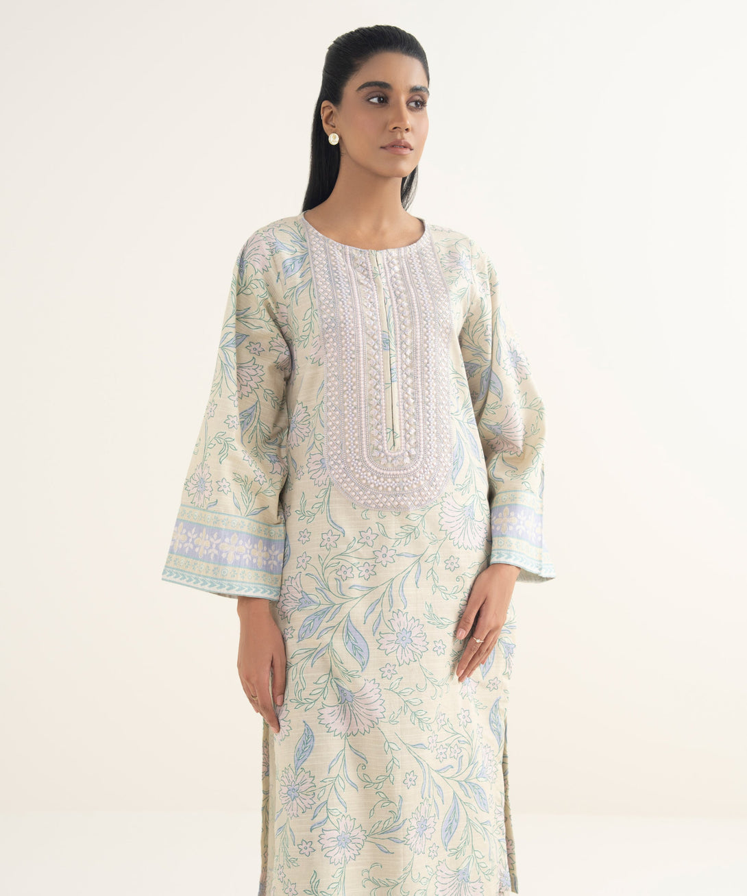 Women's RTW Light Khaddar Embroidered Beige Straight Shirt