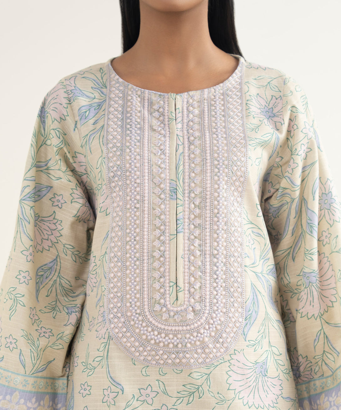 Women's RTW Light Khaddar Embroidered Beige Straight Shirt