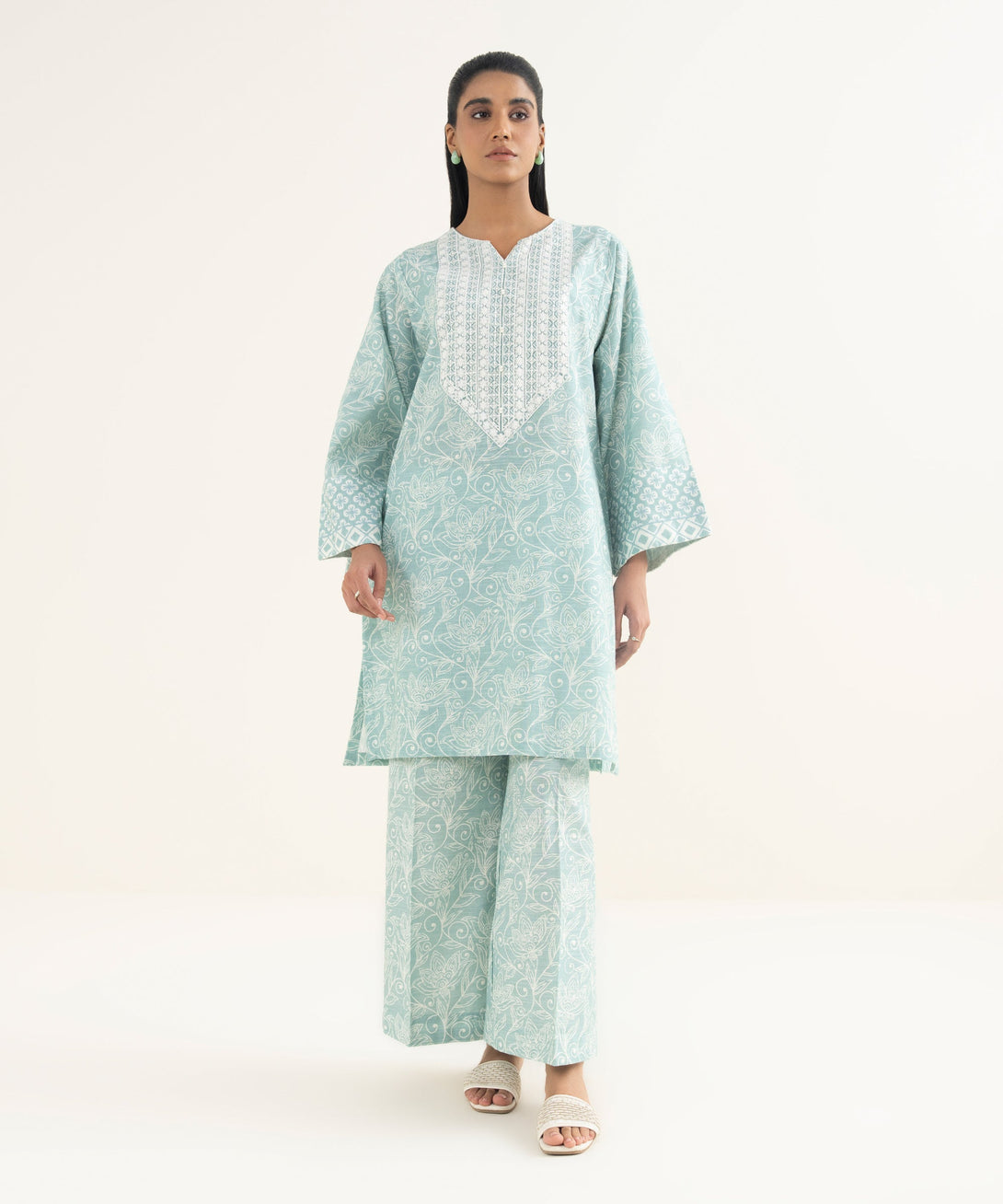 Women's RTW Light Khaddar Embroidered Ice Blue Straight Shirt