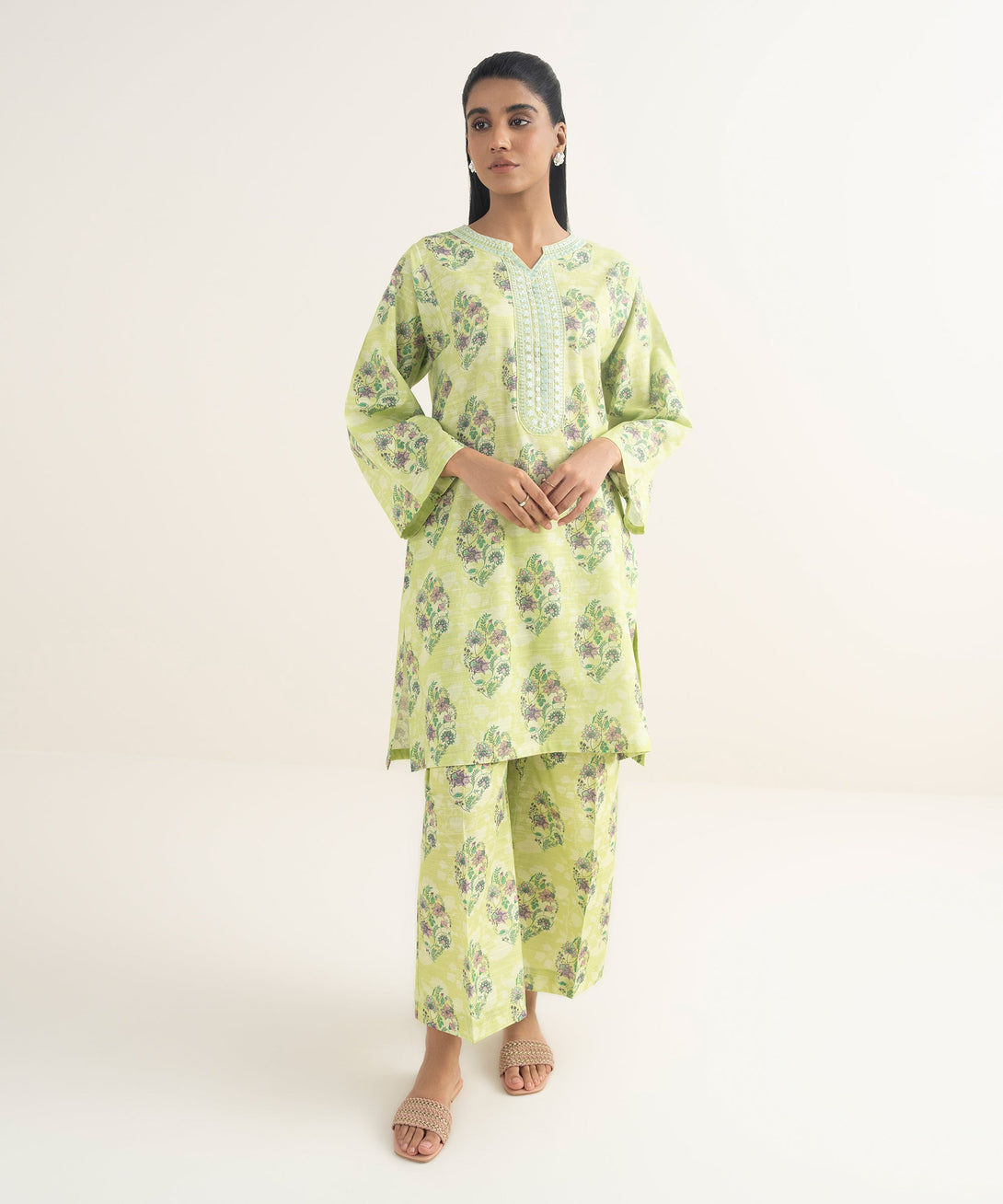 Women's RTW Light Khaddar Embroidered Lime Green Straight Shirt