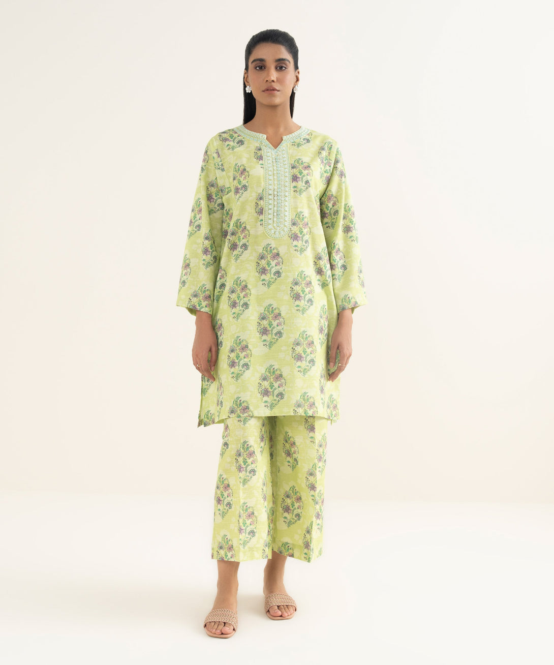 Women's RTW Light Khaddar Embroidered Lime Green Straight Shirt