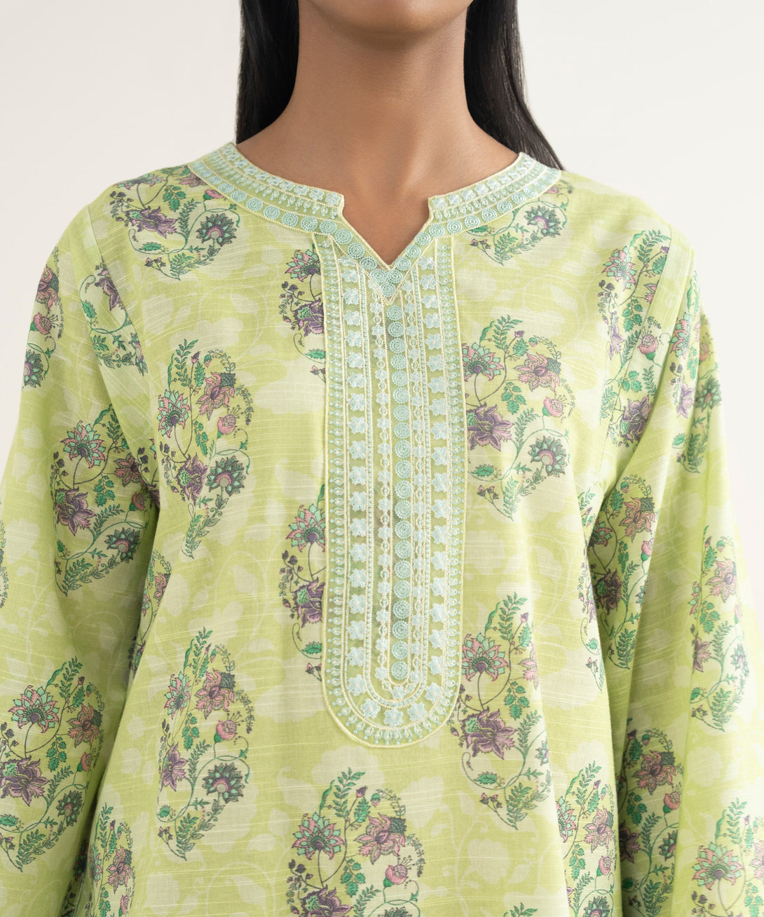 Women's RTW Light Khaddar Embroidered Lime Green Straight Shirt