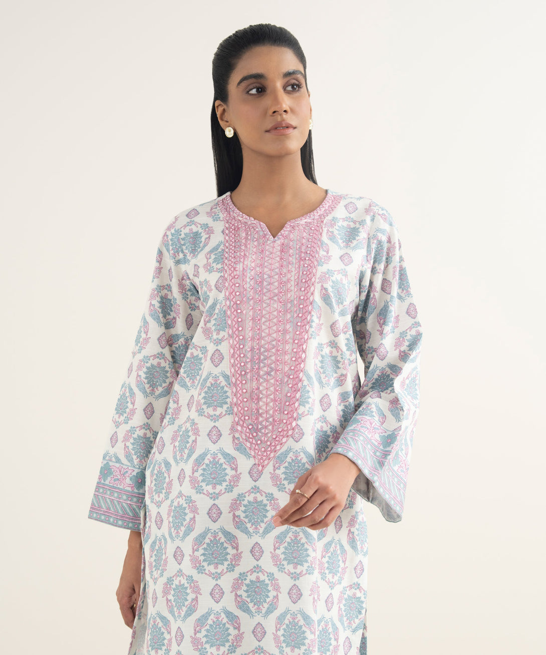Women's RTW Light Khaddar Embroidered White Straight Shirt