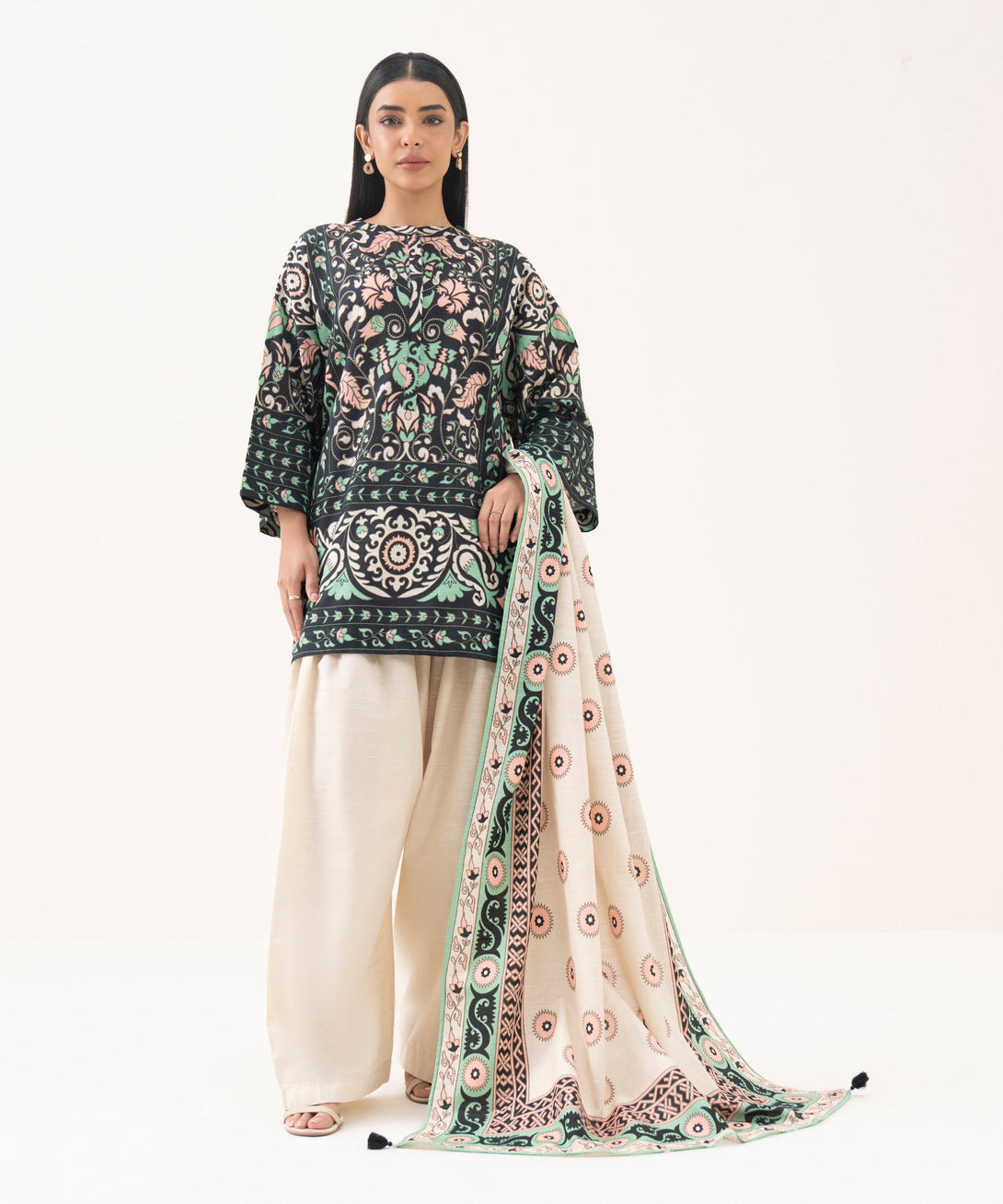 Women's RTW Light Khaddar Printed Black Boxy Shirt
