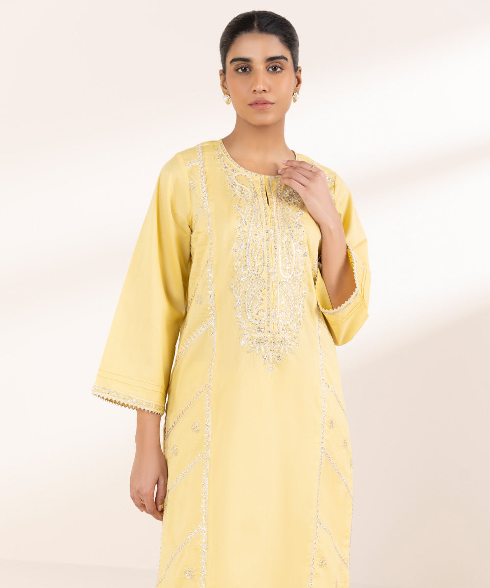 Women's Pret Dobby Yellow Embroidered A-Line Shirt