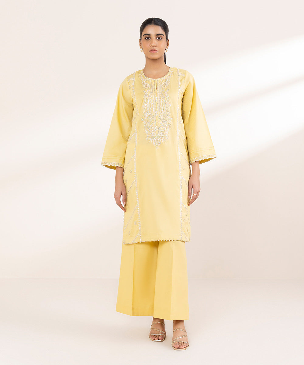 Women's Pret Dobby Yellow Embroidered A-Line Shirt