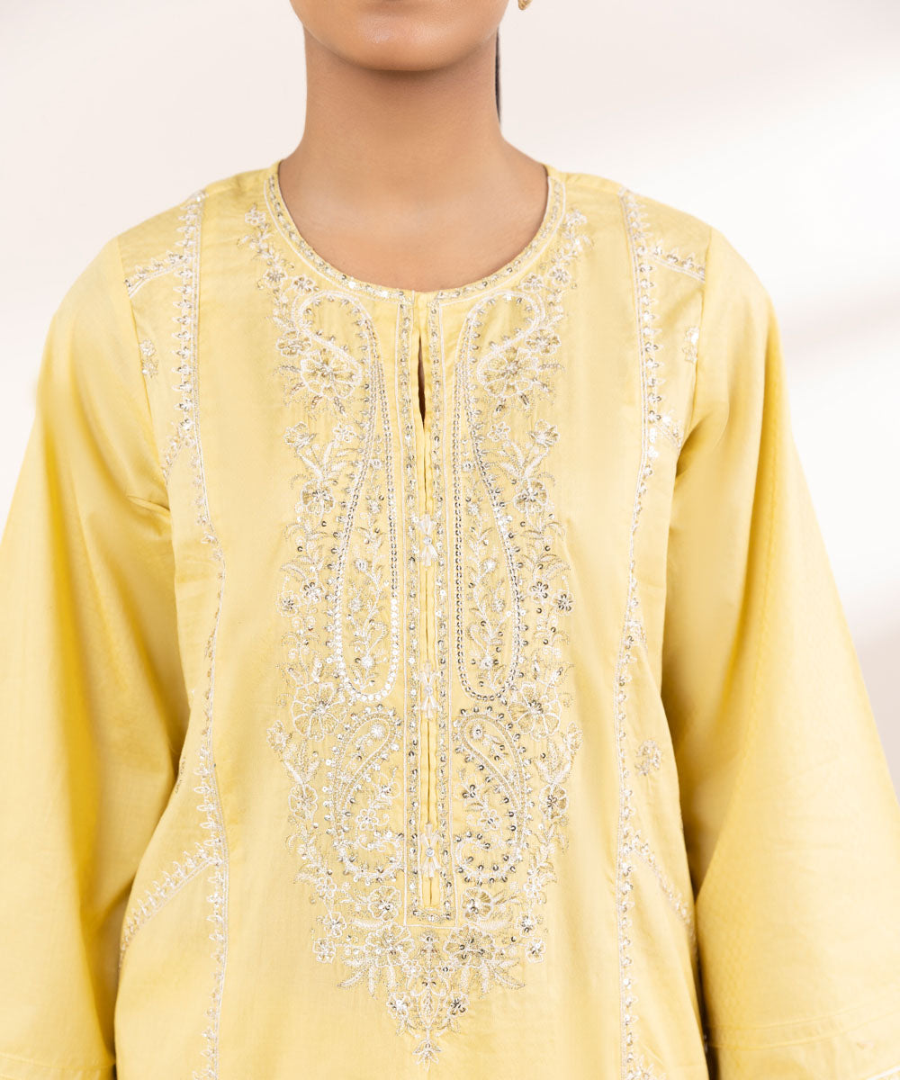 Women's Pret Dobby Yellow Embroidered A-Line Shirt