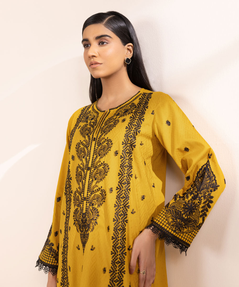 Women's Pret Cotton Jacquard Embroidered Yellow A-Line Shirt