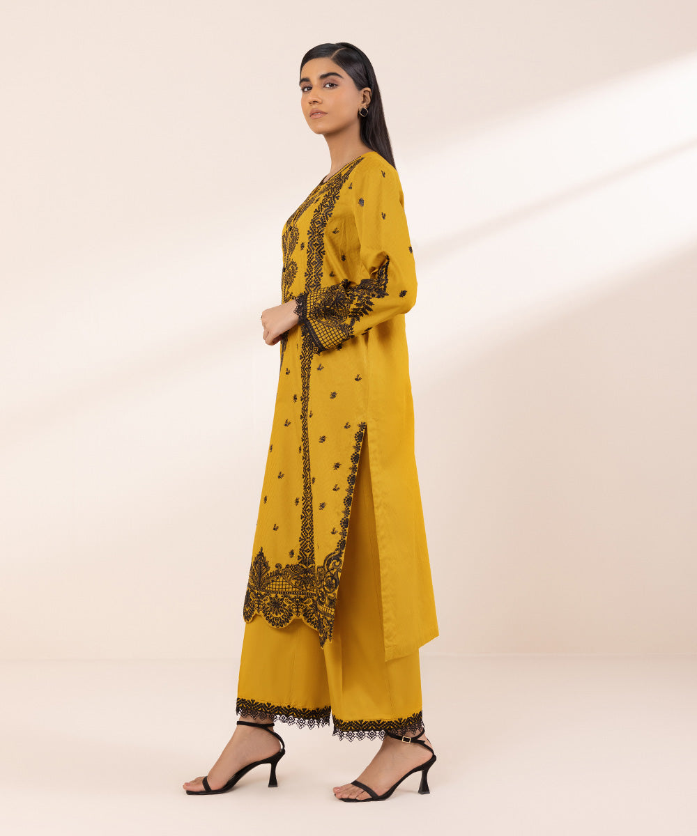 Women's Pret Cotton Jacquard Embroidered Yellow A-Line Shirt