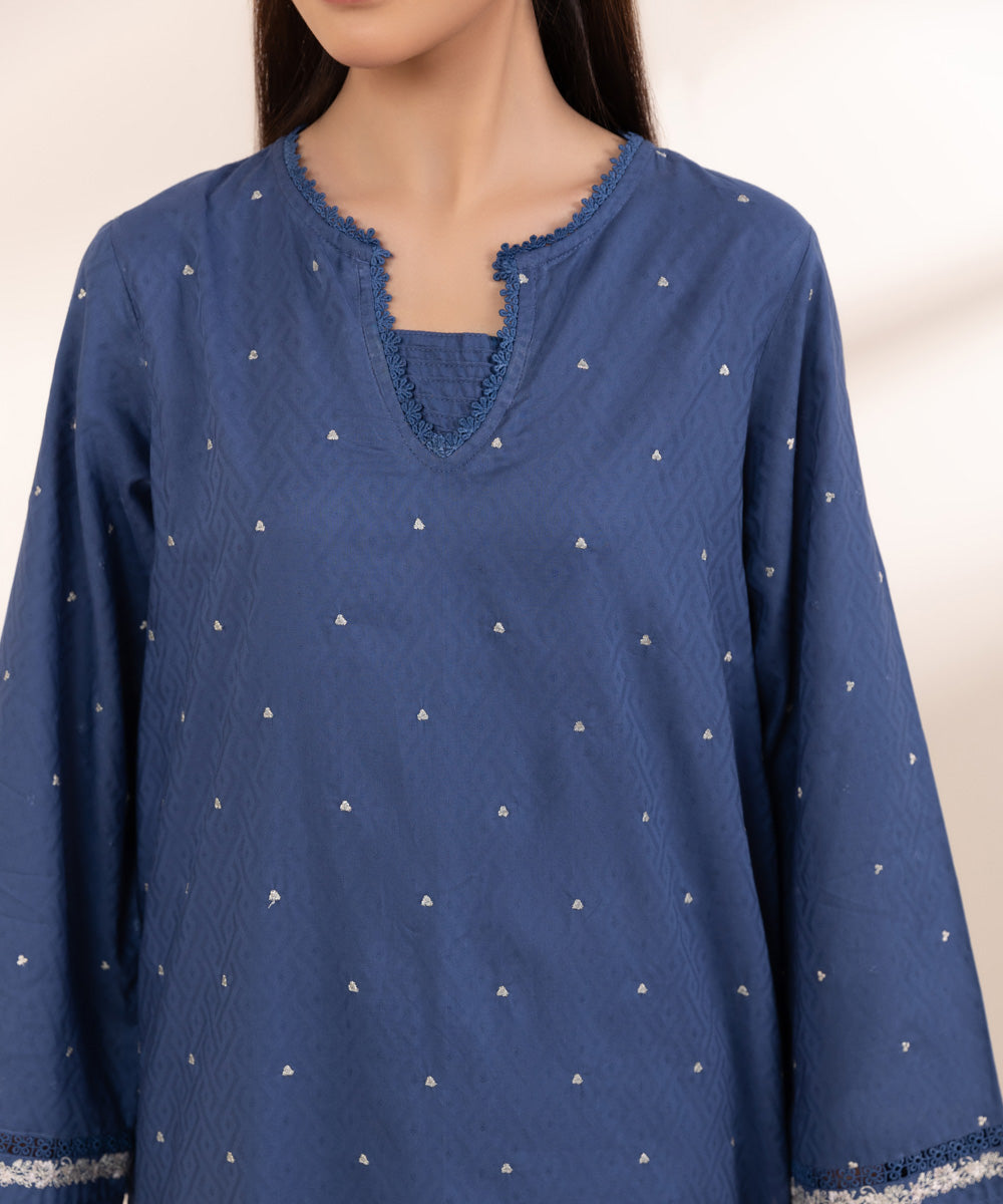 Women's Pret Cotton Jacquard Embroidered Blue A-Line Shirt