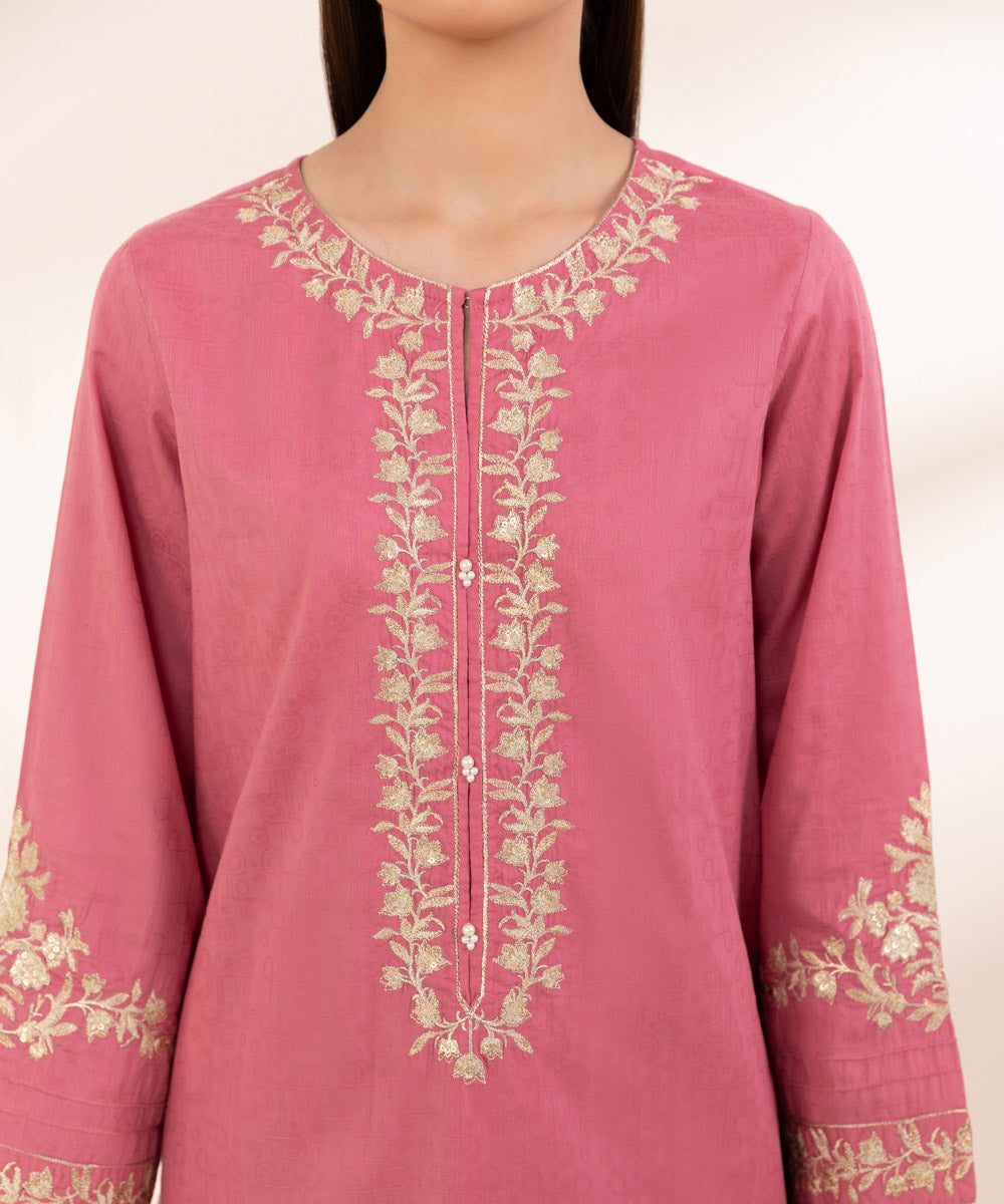 Women's Pret Cotton Jacquard Embroidered Pink A-Line Shirt