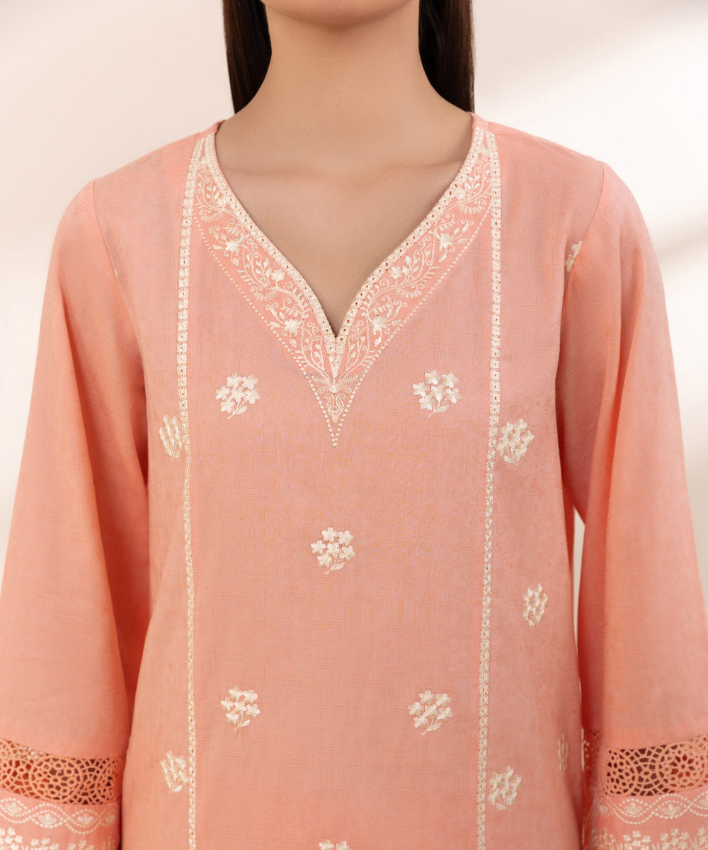 Women's Pret Cotton Jacquard Embroidered Pink A-Line Shirt