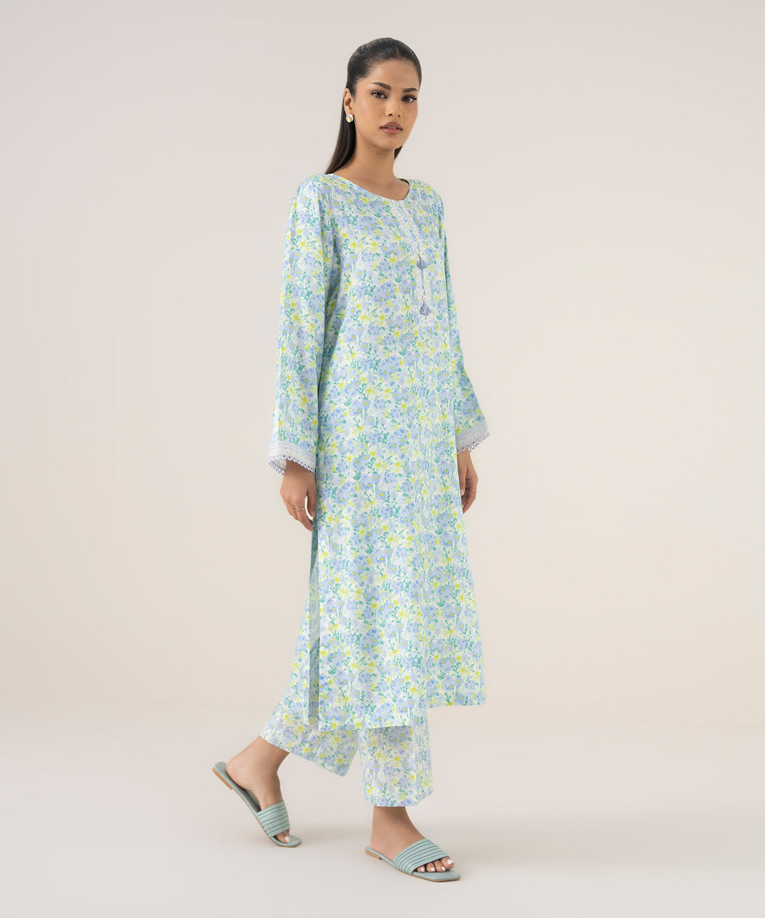 Women's RTW Arabic Lawn Green Printed A-Line Shirt