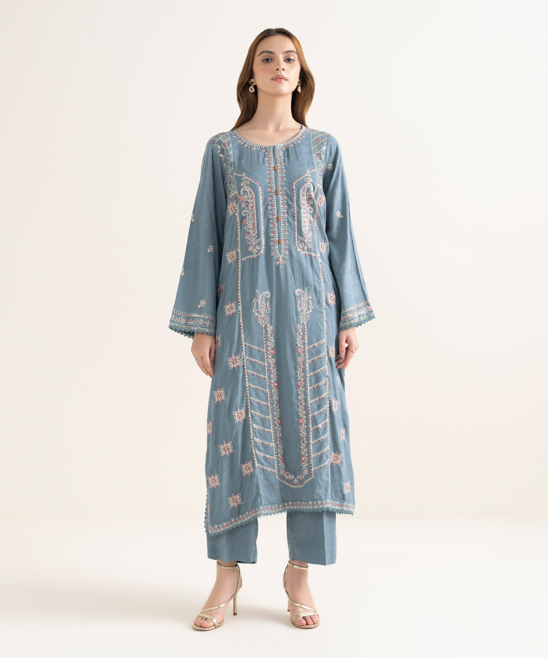 Women's RTW Textured Viscose Embroidered A-Line Blue Shirt