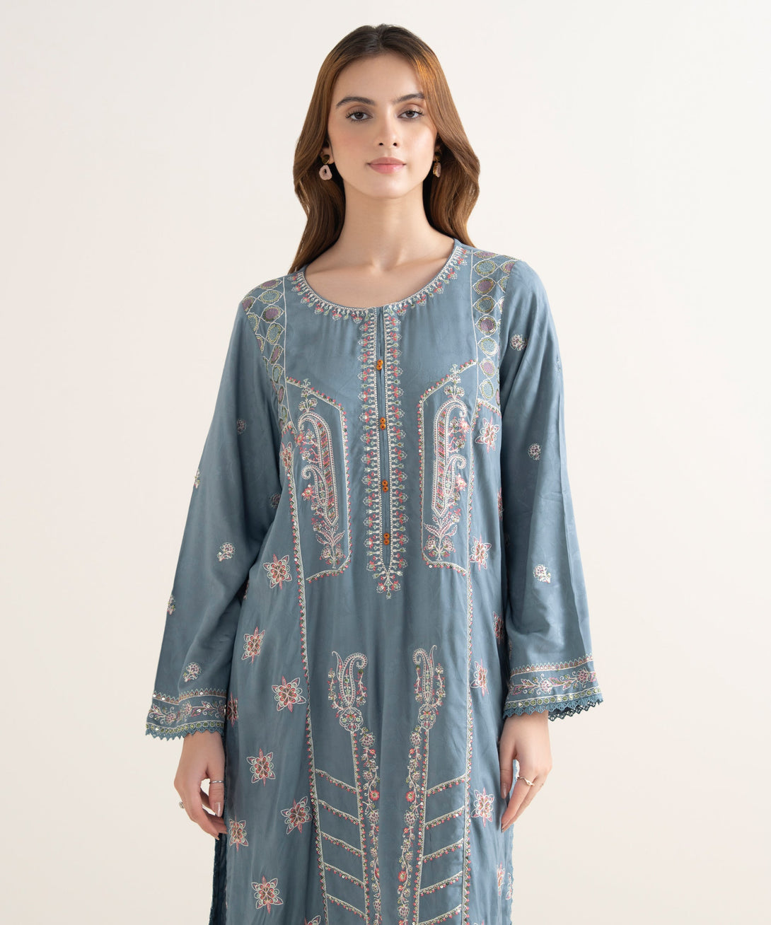 Women's RTW Textured Viscose Embroidered A-Line Blue Shirt